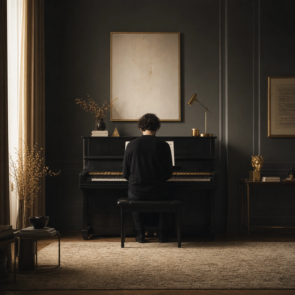 Student seated at the piano from behind during a quiet daily practice session