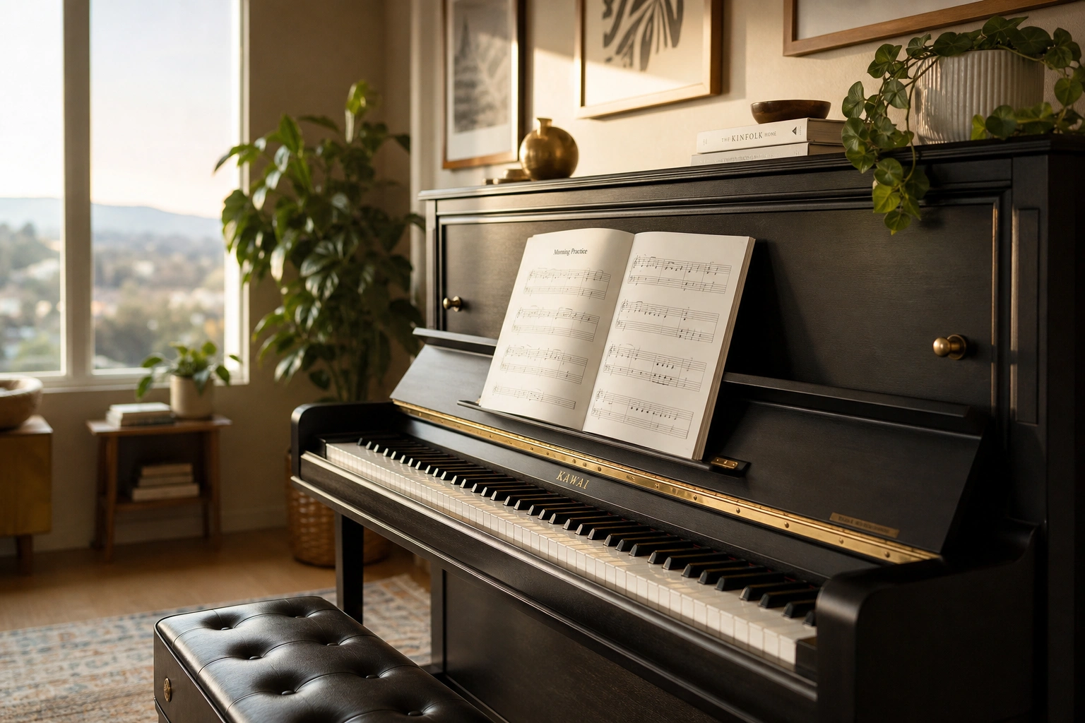 Sunlit piano studio showing the first things to learn on piano with sheet music on the stand
