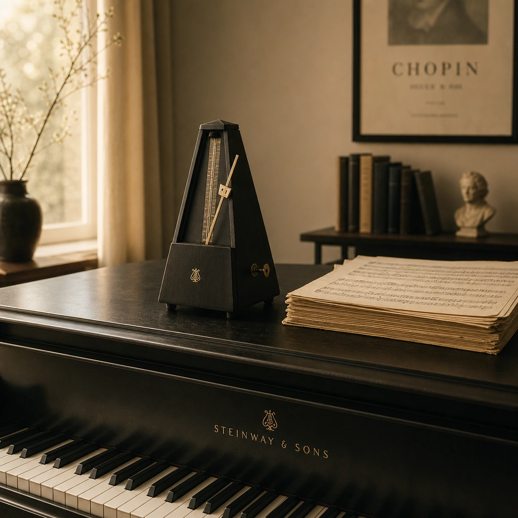 Metronome and sheet music used for hanon exercises for beginners warm-up practice