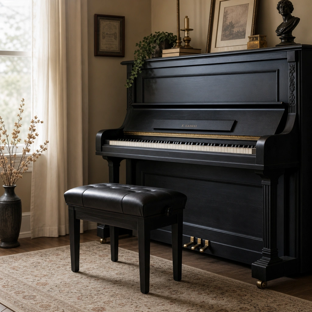 Empty piano bench symbolizing beginner practice routine and technique building