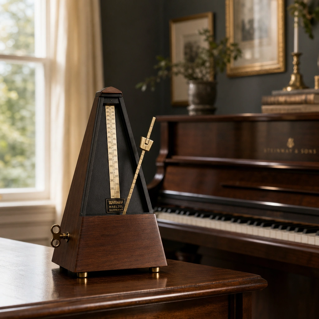 Metronome on a piano used to practice counting rhythm steadily