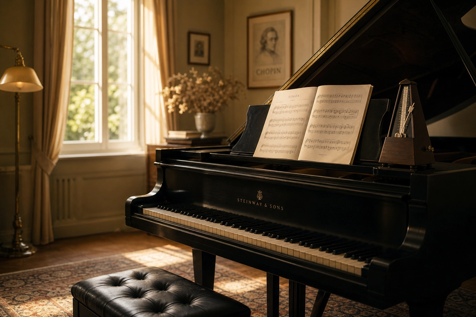 Empty piano studio with metronome and sheet music illustrating how to count rhythm piano