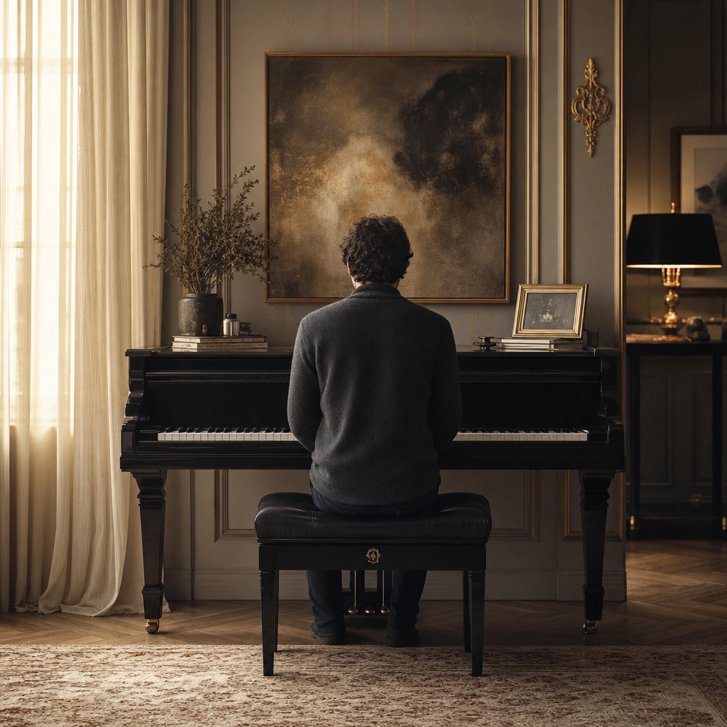 Student seated at the piano exploring improvisation in a warm studio