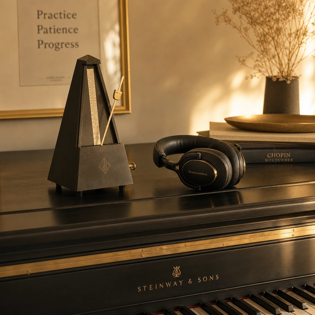 Metronome and headphones on a piano suggesting steady practice for improvising