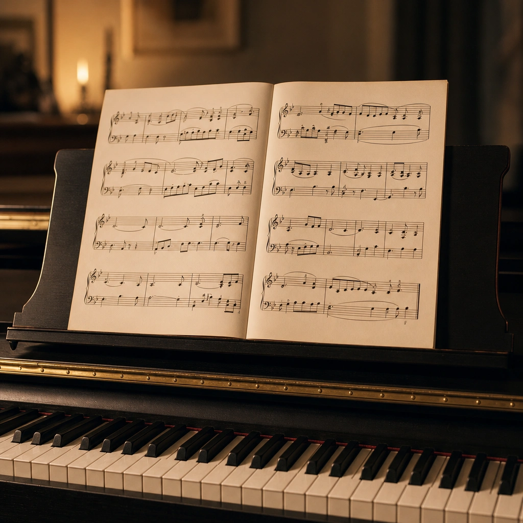Sheet music on a piano stand used to practice reading piano notes