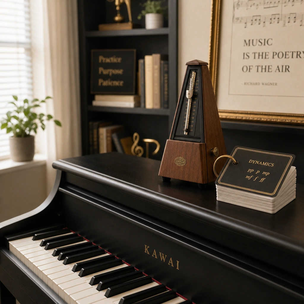 Metronome and flashcards used for piano note memorization drills
