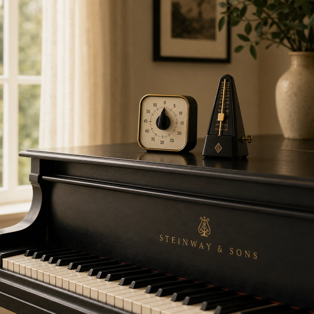 Timer and metronome used to motivate a child to practice piano in short sessions