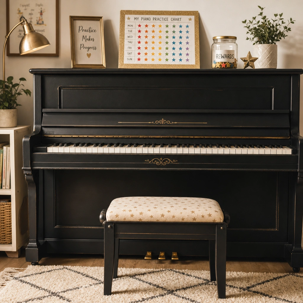 Sticker chart and empty piano bench symbolizing rewards for piano practice motivation
