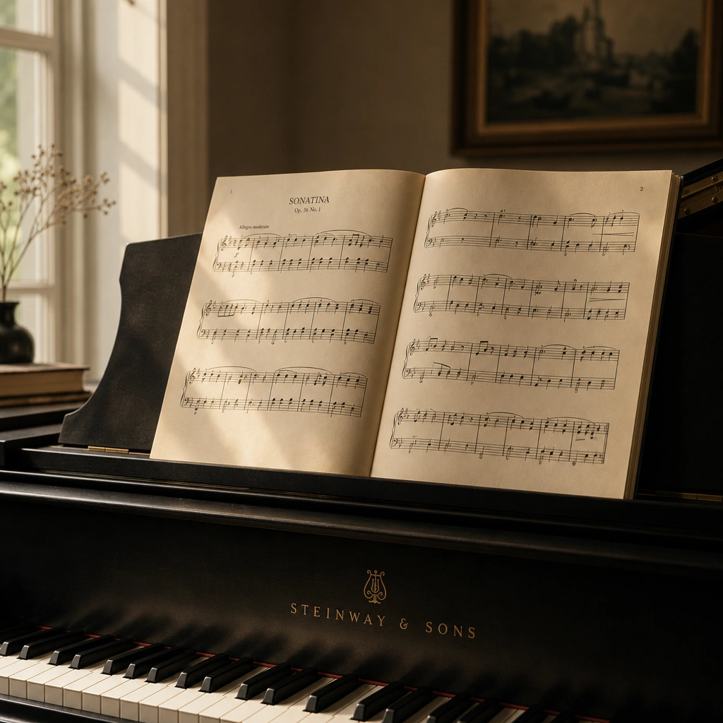 Sheet music on a piano stand showing a two-hand piano arrangement