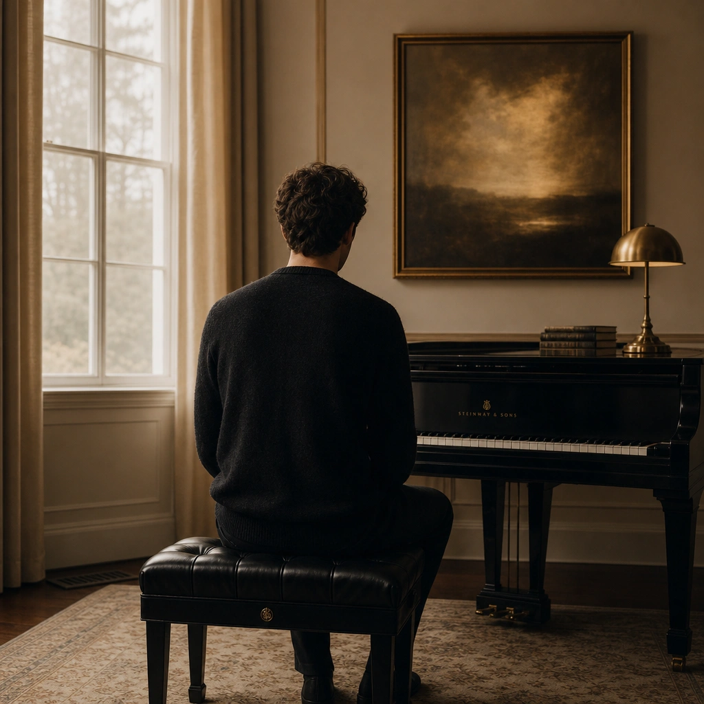 Student seated at the piano practicing coordination between both hands