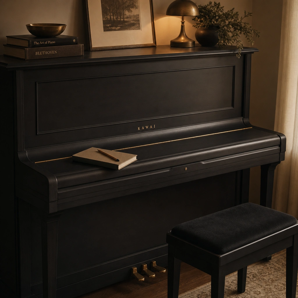 Notebook and pencil resting on a closed piano, suggesting quiet study of chord symbols and music theory