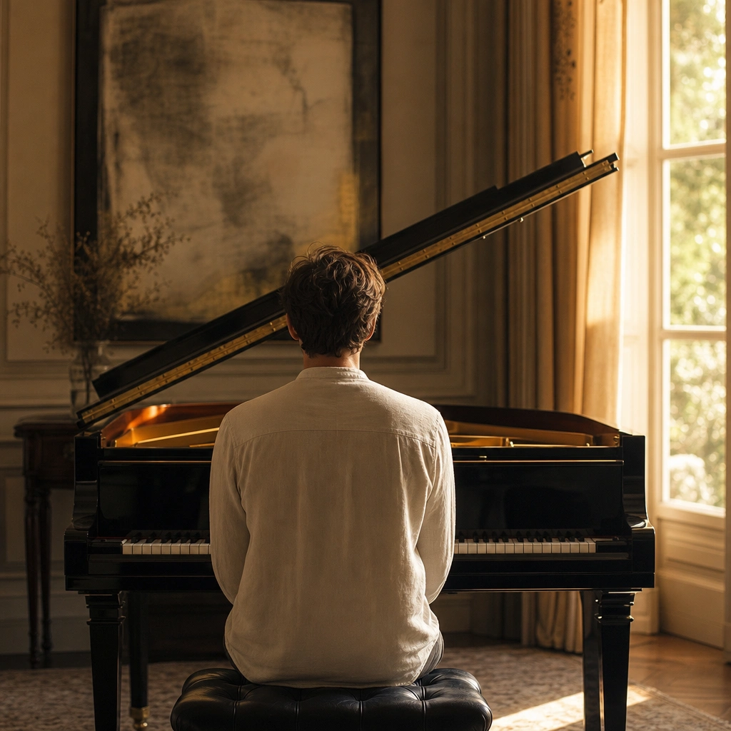 Person seated at a piano from behind in a sunlit studio, representing quiet practice of reading chord symbols