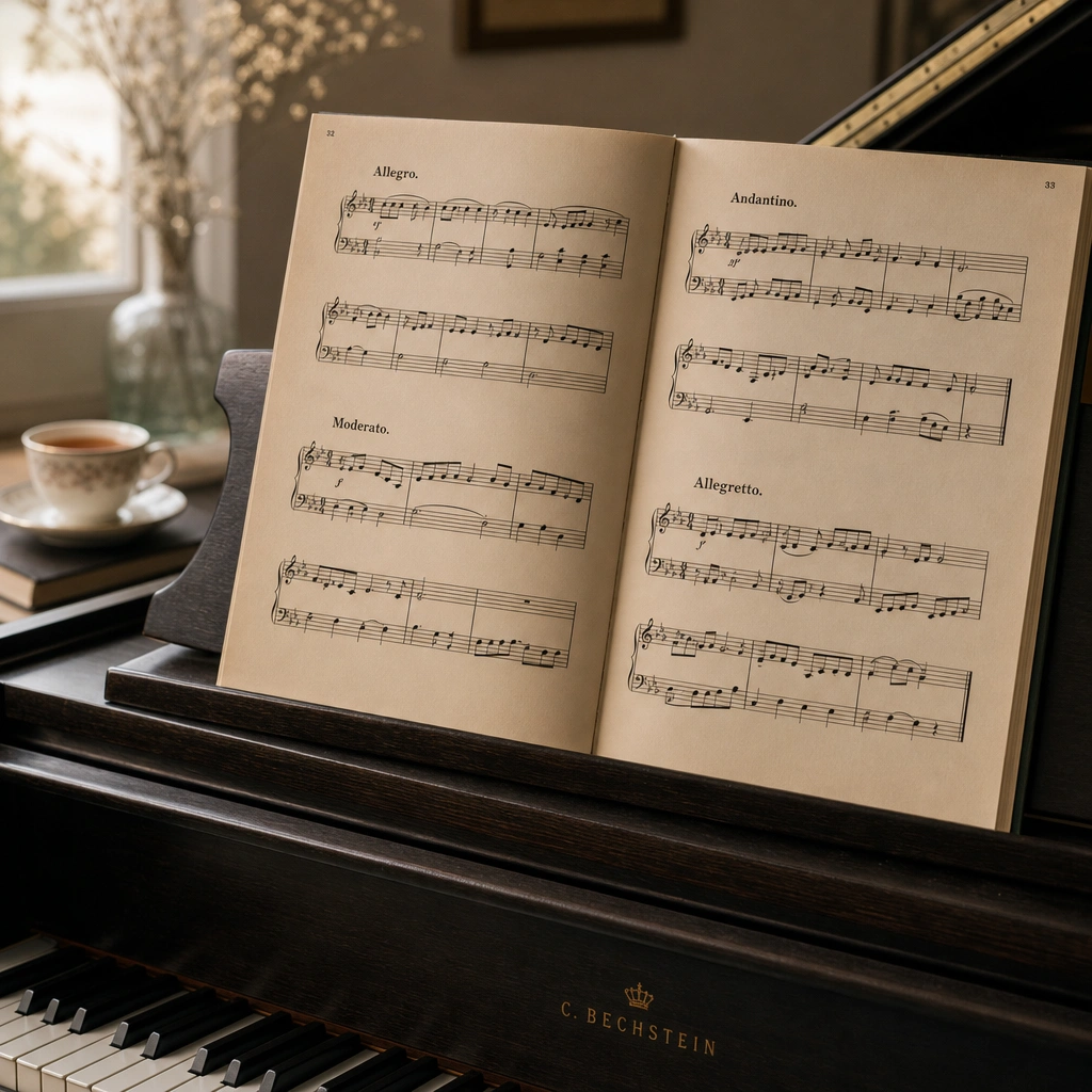 Sheet music on a stand showing Italian tempo markings printed above the staff