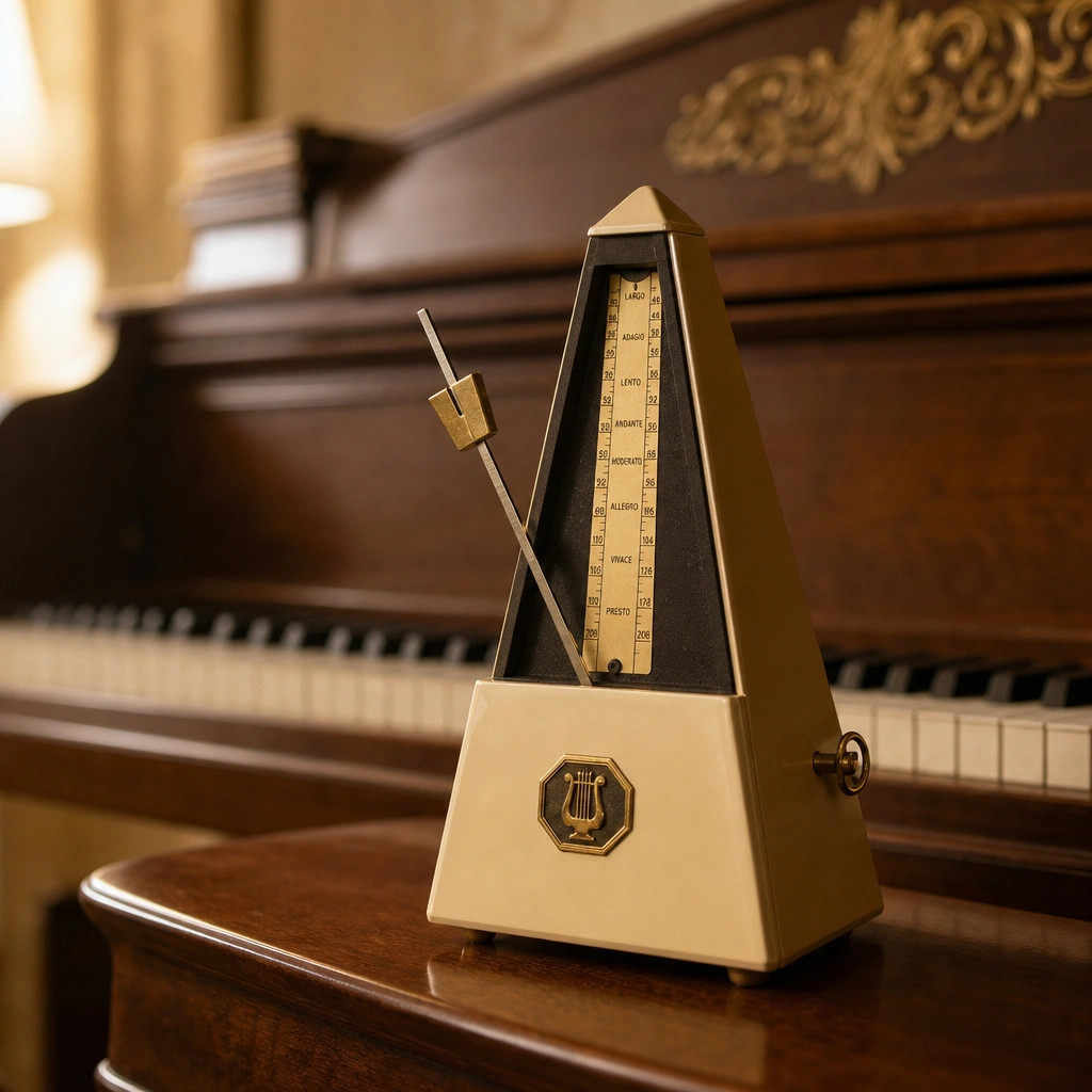 Mechanical metronome on a piano bench representing tempo and beats per minute