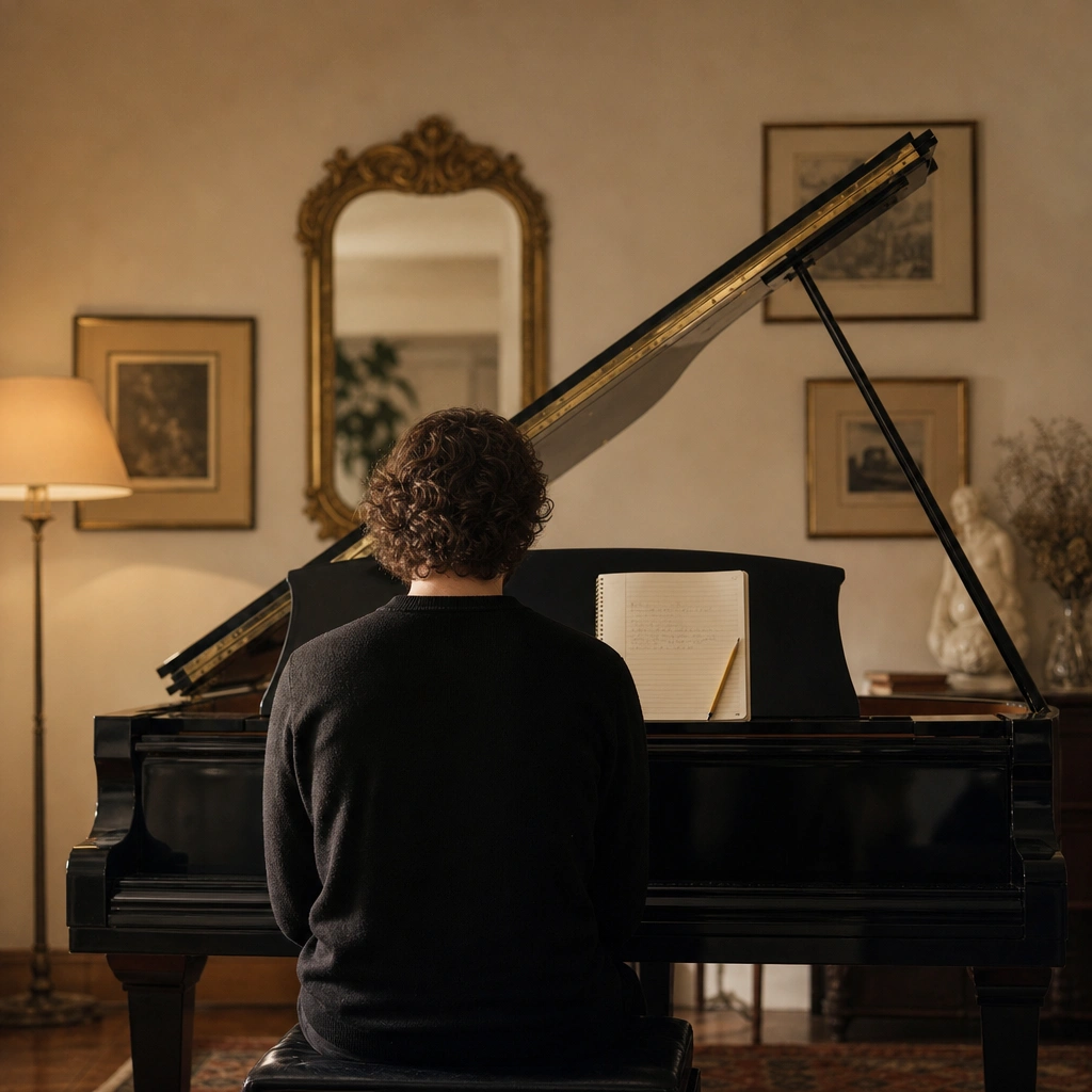 Student seated at a piano from behind in a warm, cozy studio setting