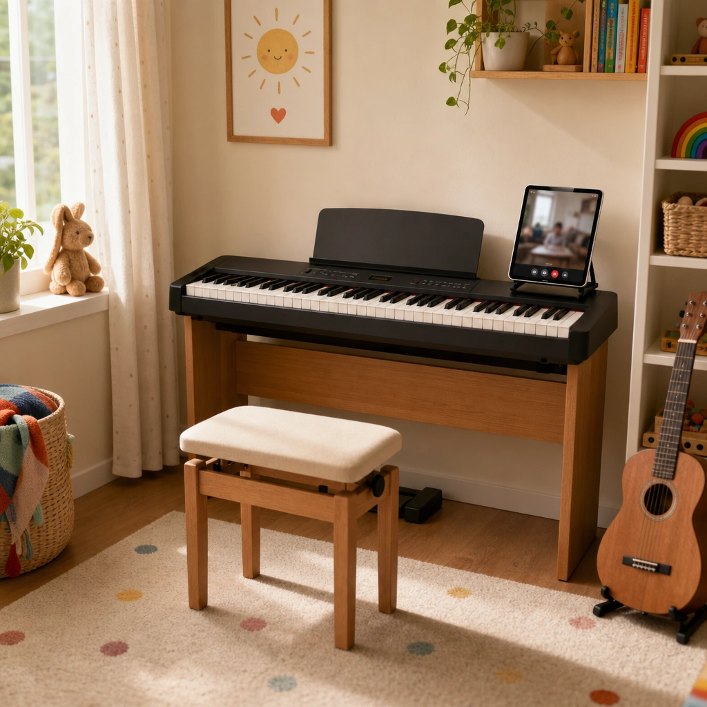 Online piano lessons for kids setup with keyboard and tablet for video calls