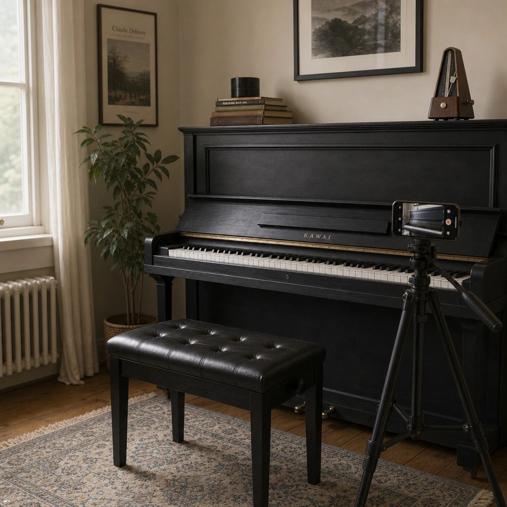 Camera and tripod set up beside a piano for a remote lesson