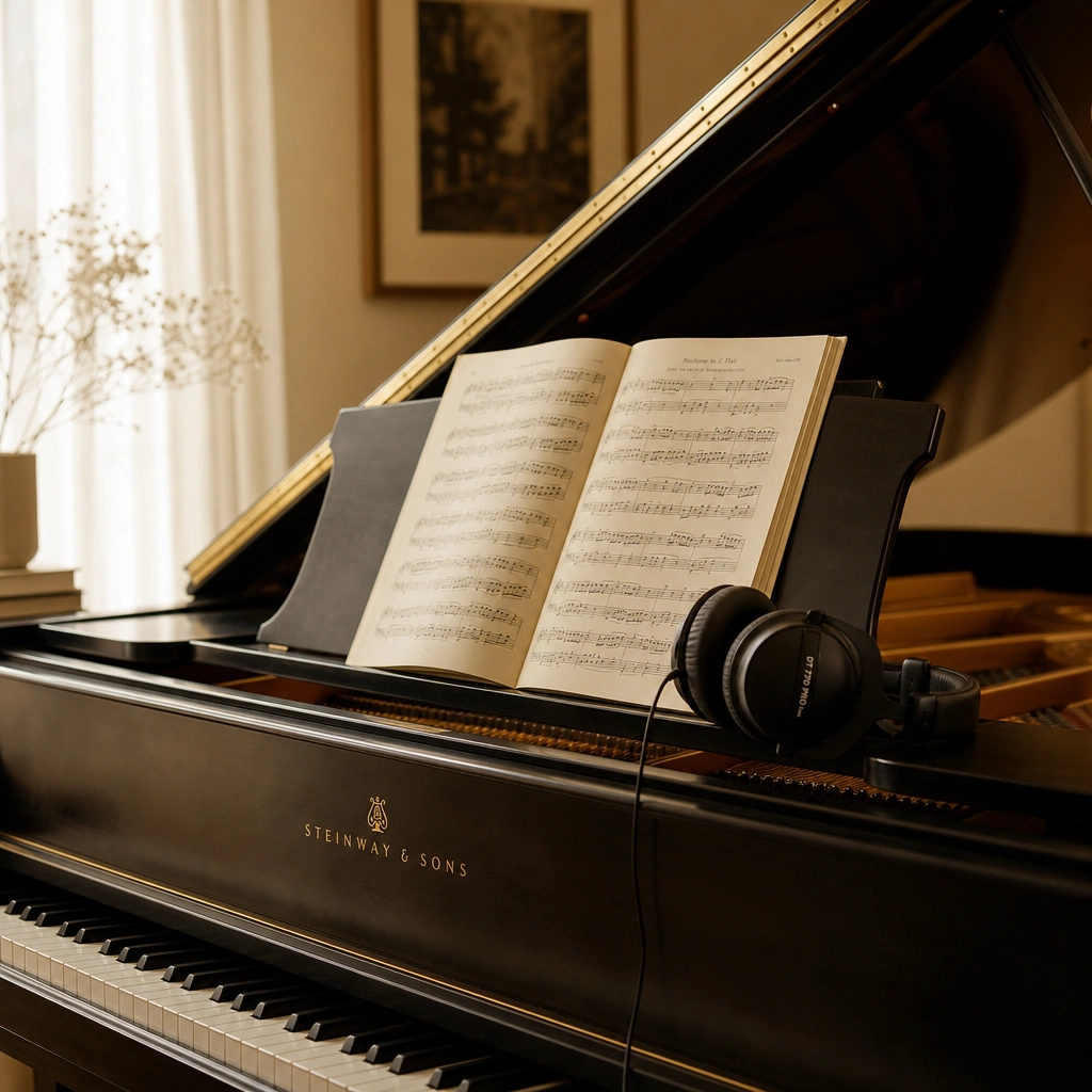 Sheet music and headphones on a piano representing steady progress in lessons