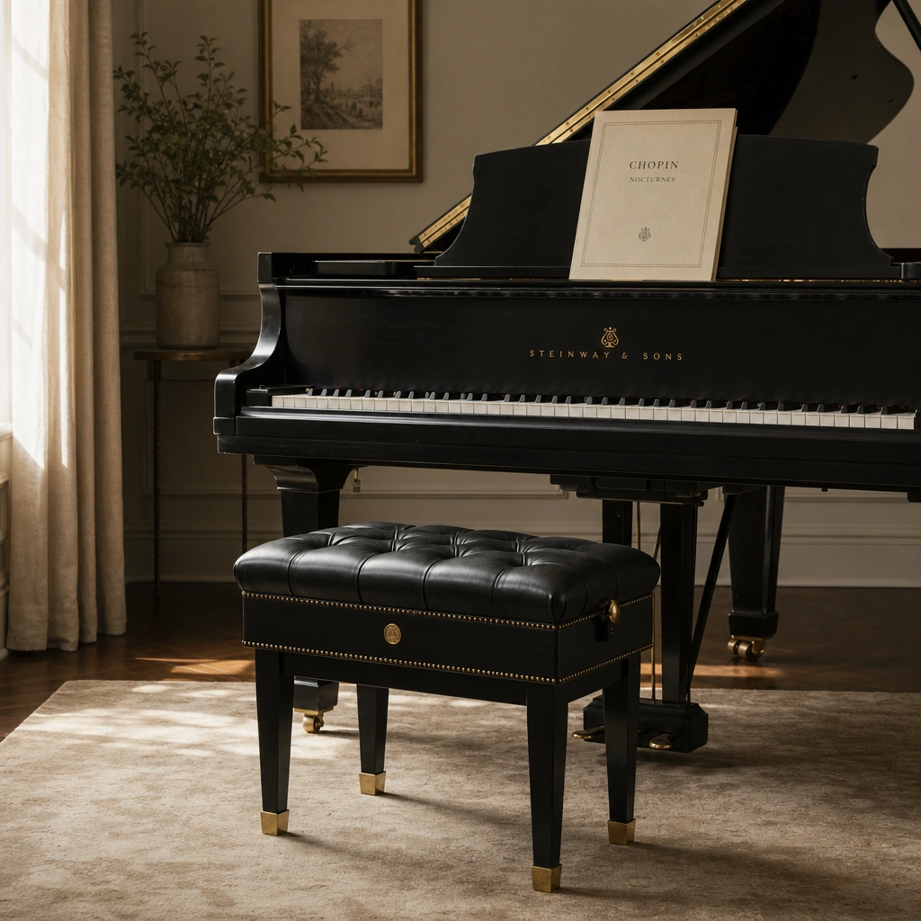 Empty piano bench illustrating piano hand tension and posture habits