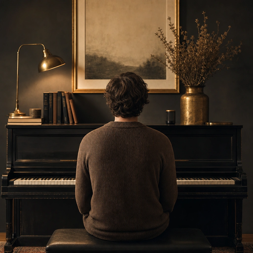 Pianist shown from behind with relaxed shoulders at the piano