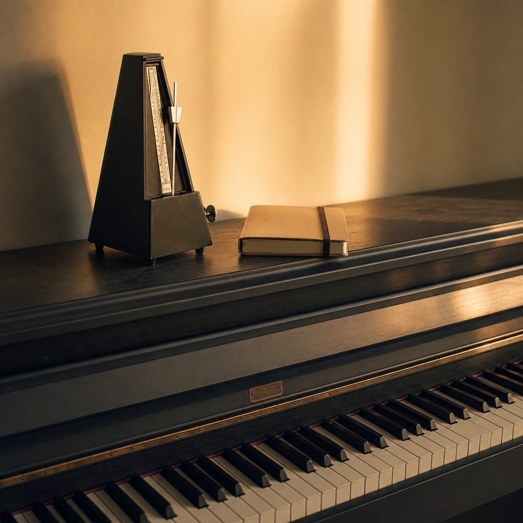 Metronome on a piano used for slow relaxed practice warm-ups