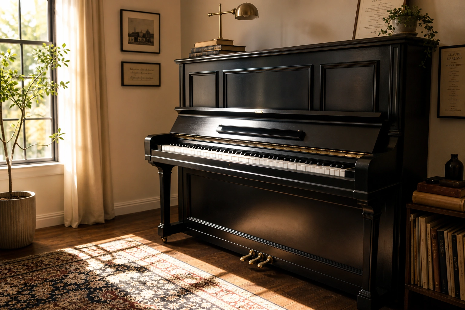 Empty sunlit piano representing piano hand tension and relaxed technique