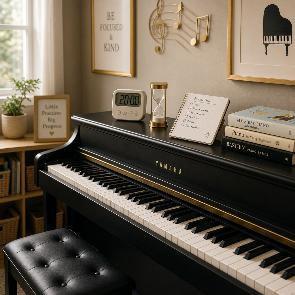 Timer and checklist on a piano used to structure short lessons for a child with ADHD