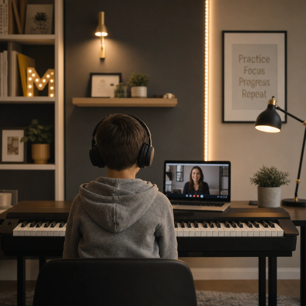 Child taking a private online piano lesson over video call at home