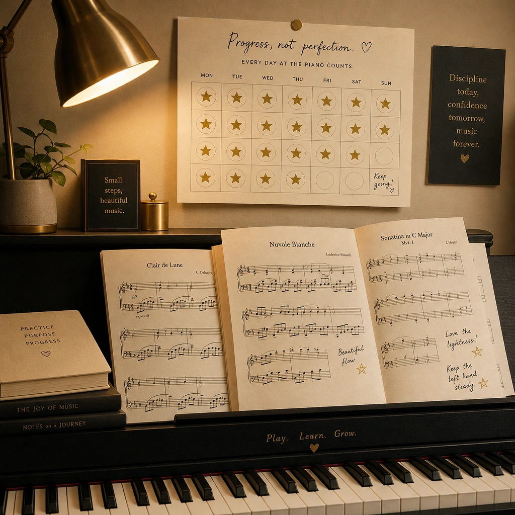 Sticker chart and sheet music showing piano practice progress for a motivated young student