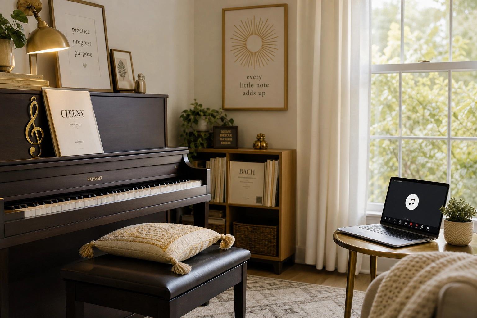 Cozy home piano setup for piano lessons for ADHD with laptop ready for an online lesson