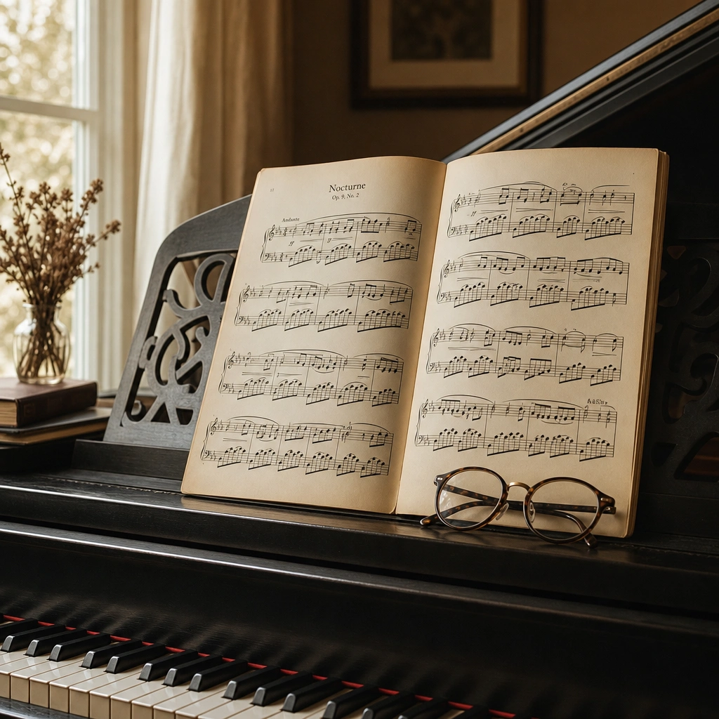 Sheet music on a piano stand in a warm studio setting