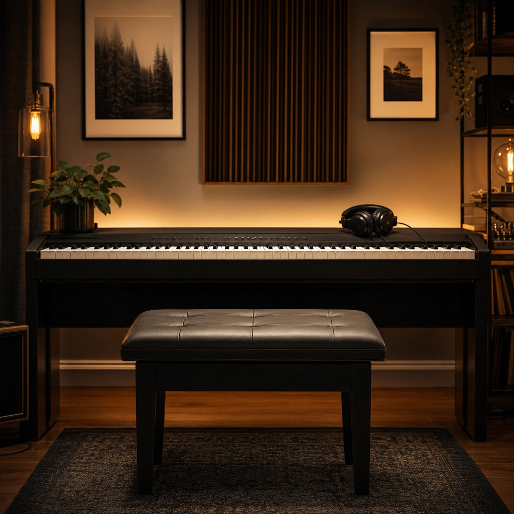 Empty piano bench and keyboard with headphones in a cozy studio