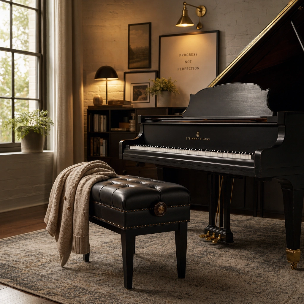 Empty piano bench and cardigan suggesting an adult returning to learn piano later in life