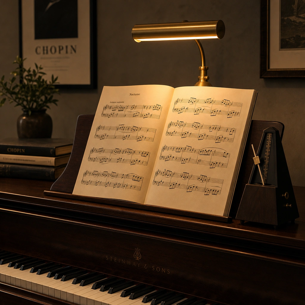 Sheet music and metronome on a piano stand representing steady adult practice progress