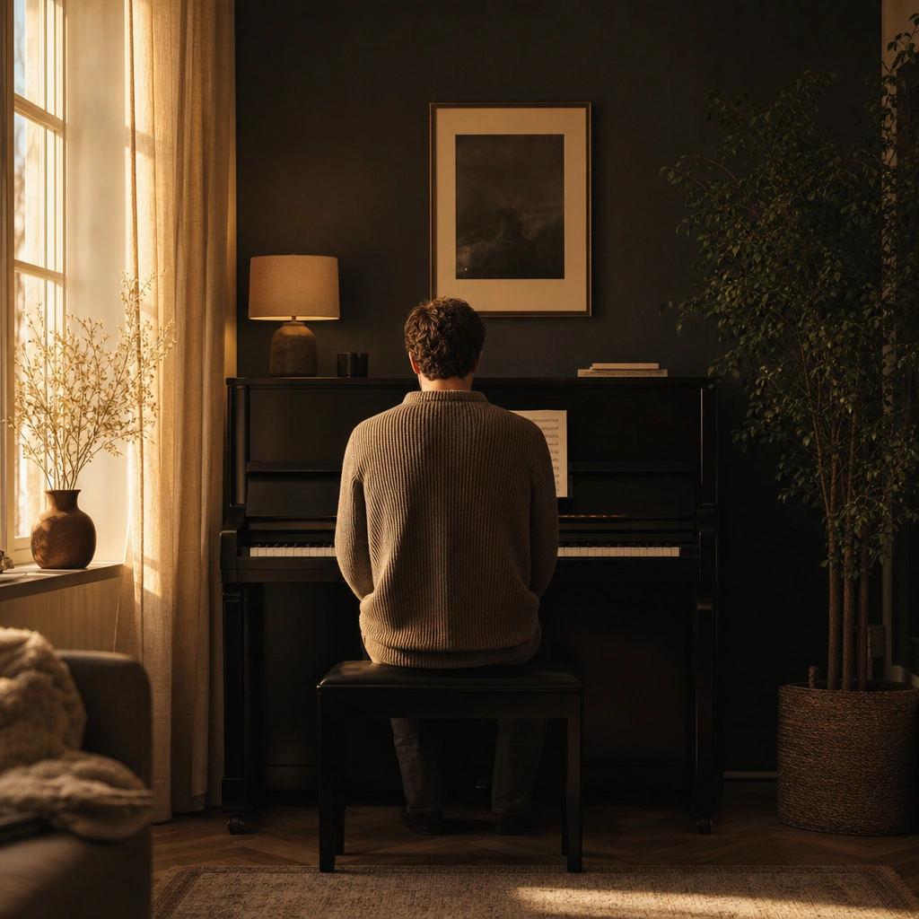 Adult seated at piano from behind in a warm studio, illustrating starting lessons later in life