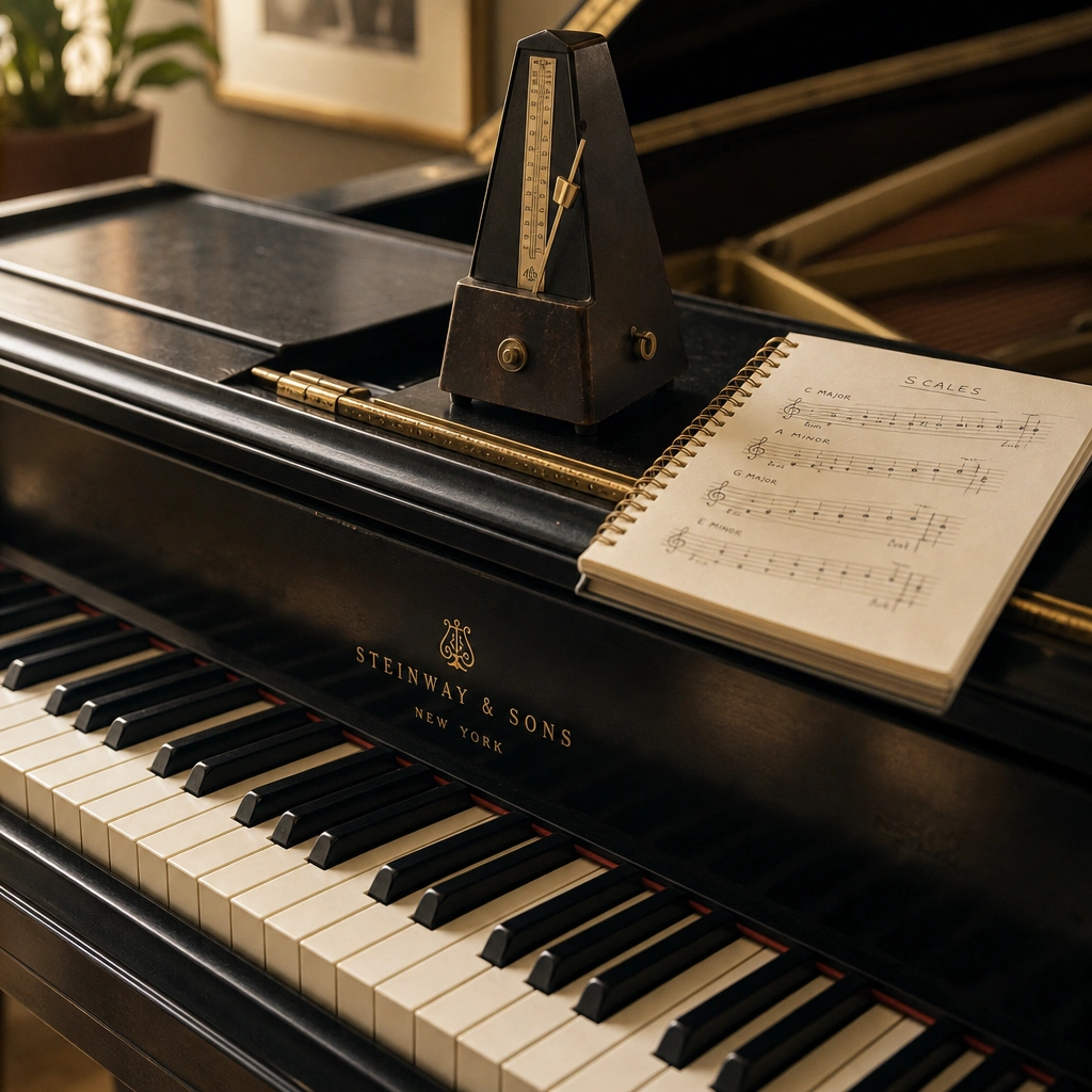 Piano keyboard and metronome illustrating why learn piano scales for technique