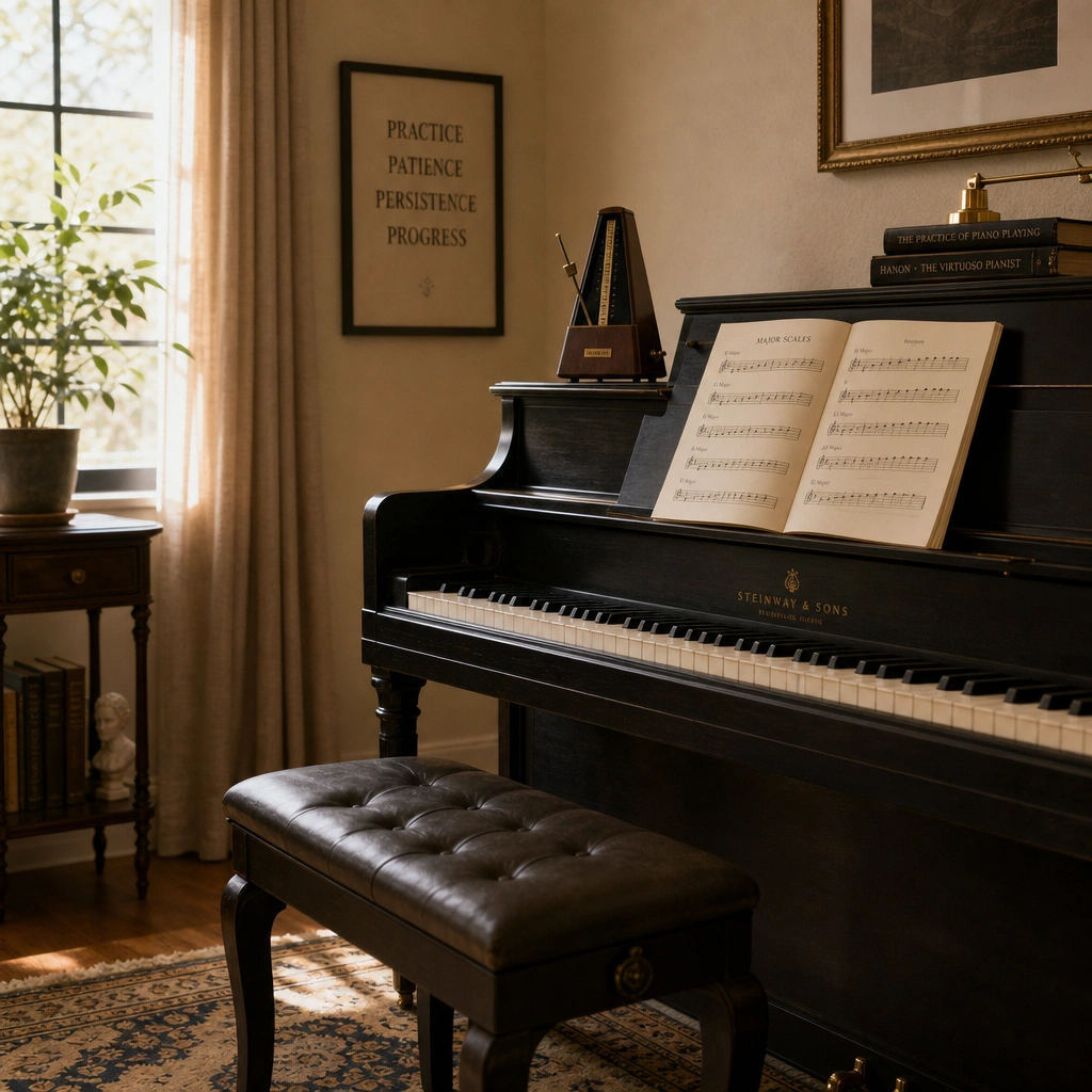 Practice space with metronome and sheet music for piano scale practice