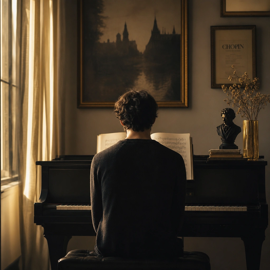 Student seated at the piano practicing scales from behind, hands out of frame